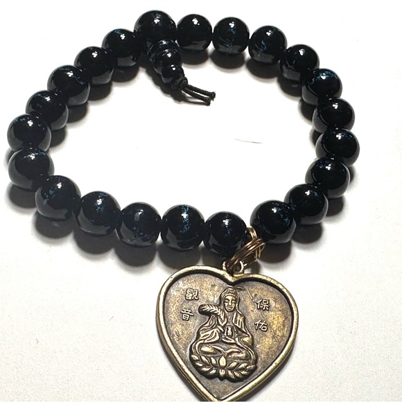 Chinese Horoscope Snake Sign Charm Stretch Bracelet Round Black Beads Adjustable - Picture 3 of 3
